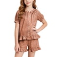thumbnail image 5 of Amidoa Girls 2 Piece Outfits Summer Clothes Ruffle Sleeve Short Sleeve Cute T-Shirt and Shorts With Pockets Casual Kids Clothing Sets Brown Size 15, 5 of 8
