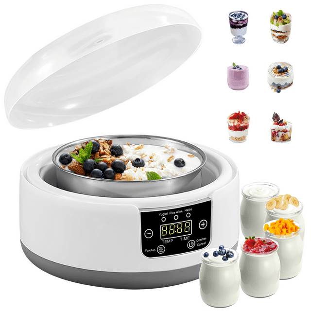 Yaourtière avec Contrôle de Temps et Température Réglable avec 5 Bocaux en Verre 48 Ozs Écran LCD avec Contrôle de Température Constante Design en Acier Inoxydable pour Usage Domestique