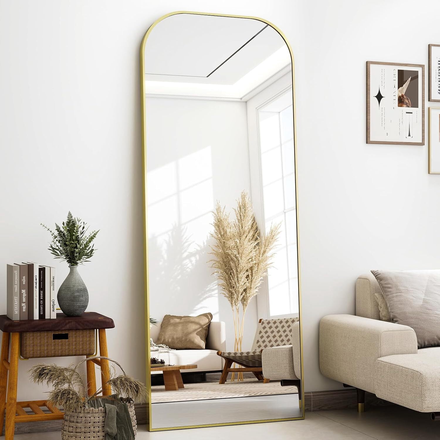 Lumora 64"x21" Rounded-top Full Length Mirror Free-standing Floor Mirror, Gold