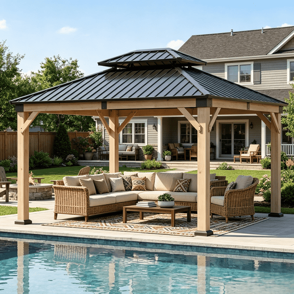 Clouddwell 10' x 12' Wood Gazebo with Double Roof, Hardtop Metal Roof Outdoor Patio Gazebo Canopy for Backyard, Deck, Lawn & Garden