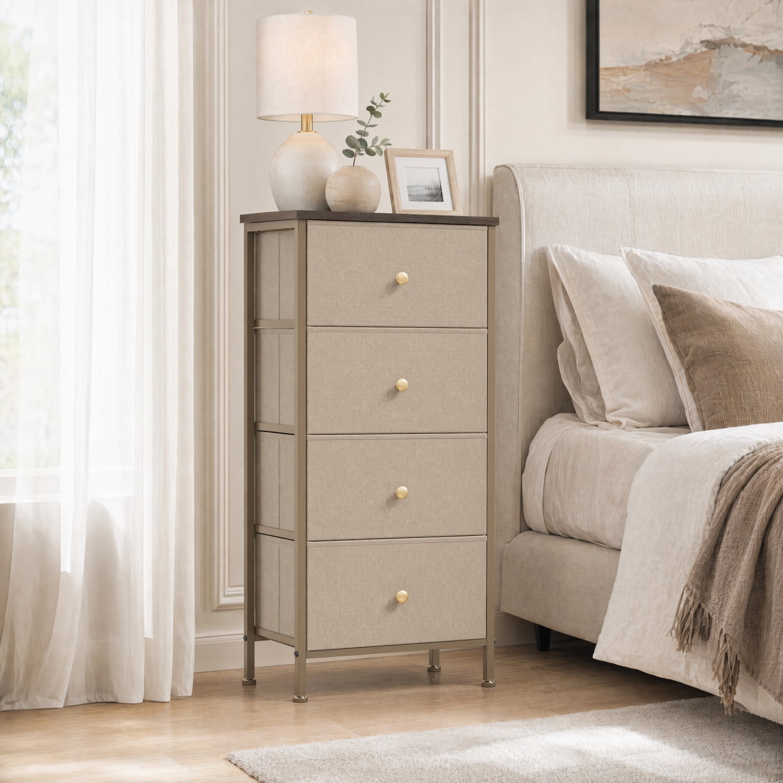 Telyra 4-Drawer Fabric Dresser 37.4" Tall Storage Tower with Wood Top and Steel Frame Narrow Organizer, Khaki