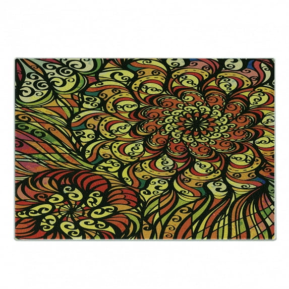 Colorful Cutting Board, Abstract Vintage Style Curly Floral Design Spirals Swirled Petals Creative Vibrant, Decorative Tempered Glass Cutting and Serving Board, Small Size, Multicolor, by Ambesonne
