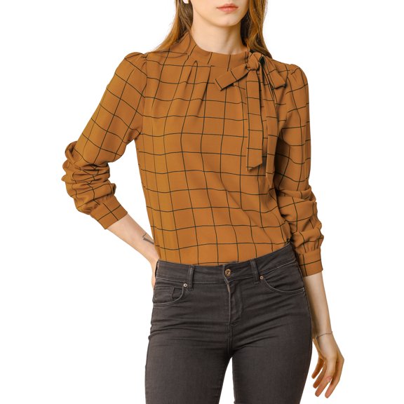 DARING DIVA Bow-Tie Neck Office Work Checks Shirt Top XS Brown