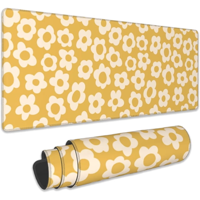 Desk Mat, Vintage Groovy Yellow Flowers Extended Gaming Mouse Pad Large, Big Desk Mat with Non-Slip Base and Stitched Edge, Long Computer Keyboard Mouse Mat for Home Office Work 31.5"x11.8"