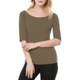 thumbnail image 3 of INSPIRE CHIC Women's Boat Neck Tops Half Sleeves Fitted Layering Soft T-Shirt 3XL Dark Khaki, 3 of 9
