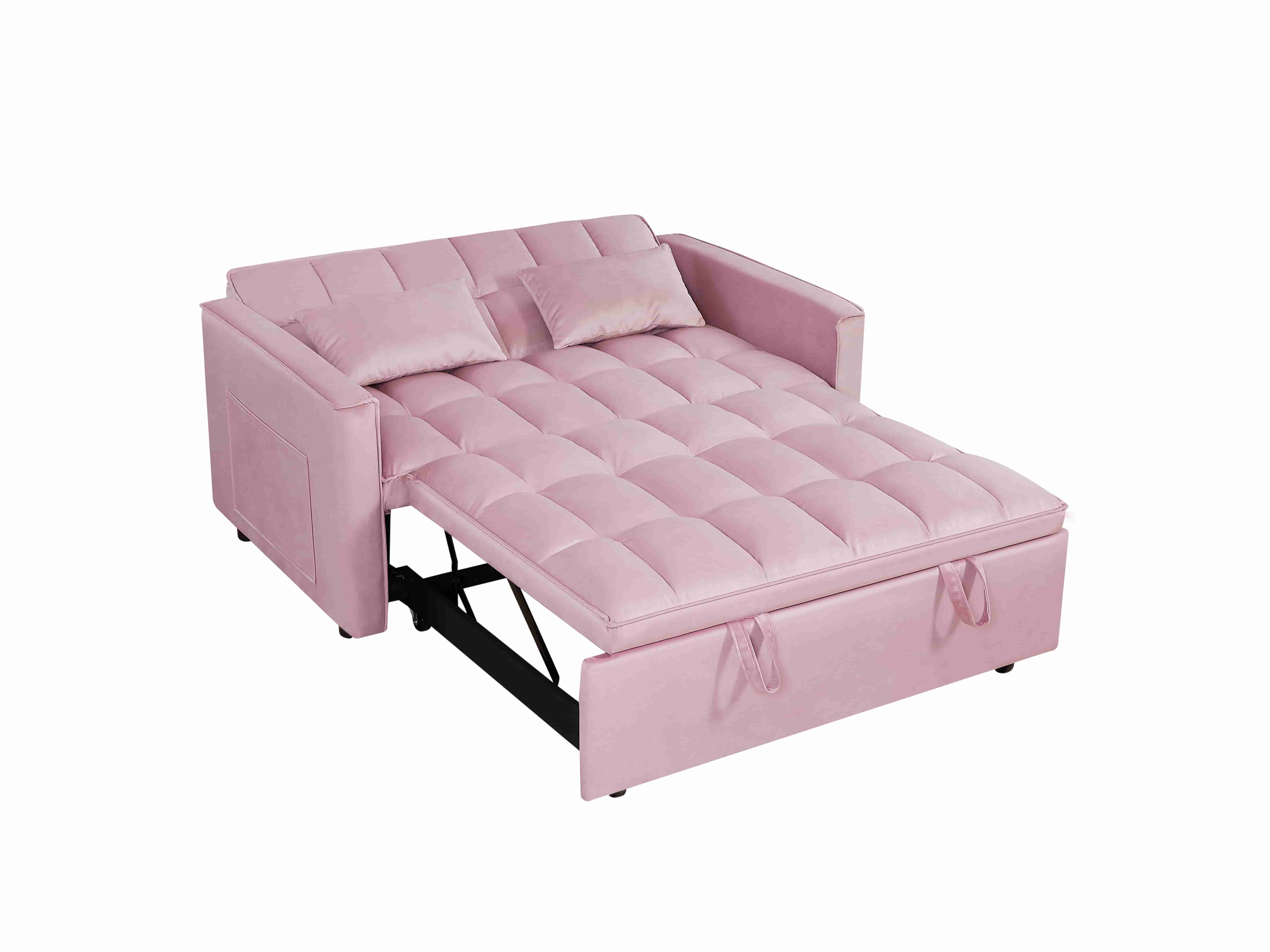 BSHTI 54-inch Pull-out Sleeper Sofa Bed, Velvet Upholstery, Solid Wood Frame, 3-Angle Adjustable Backrest, Storage Side Pocket, Twin-Size Bed, Pink