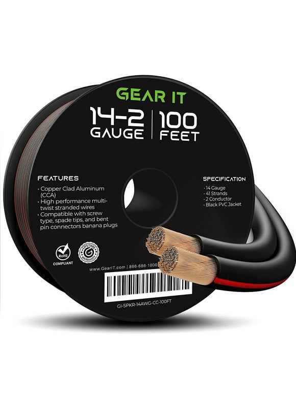 GearIT Pro Series 14 Gauge Speaker Wire Copper Clad Aluminum CCA Audio Cable, Black 100 ft