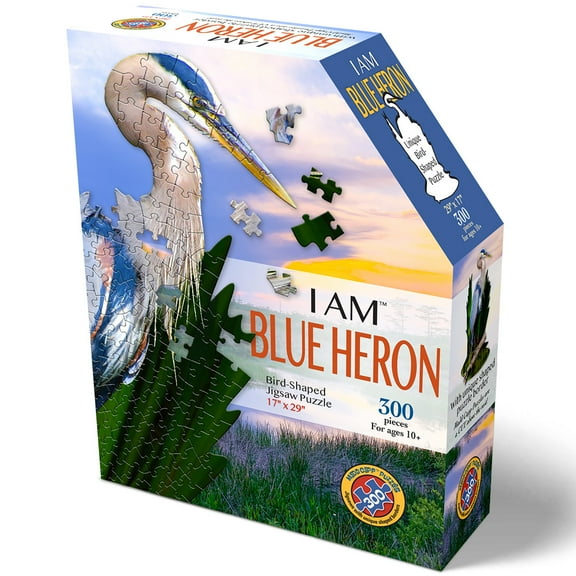 Madd Capp BLUE HERON 300 Piece Jigsaw Puzzle For Ages 10 and up - 6021 - Unique-Shaped Border, Challenging Random Cut, Deluxe Five-Sided Tamperproof Box, Includes Educational Madd Capp Fun Facts