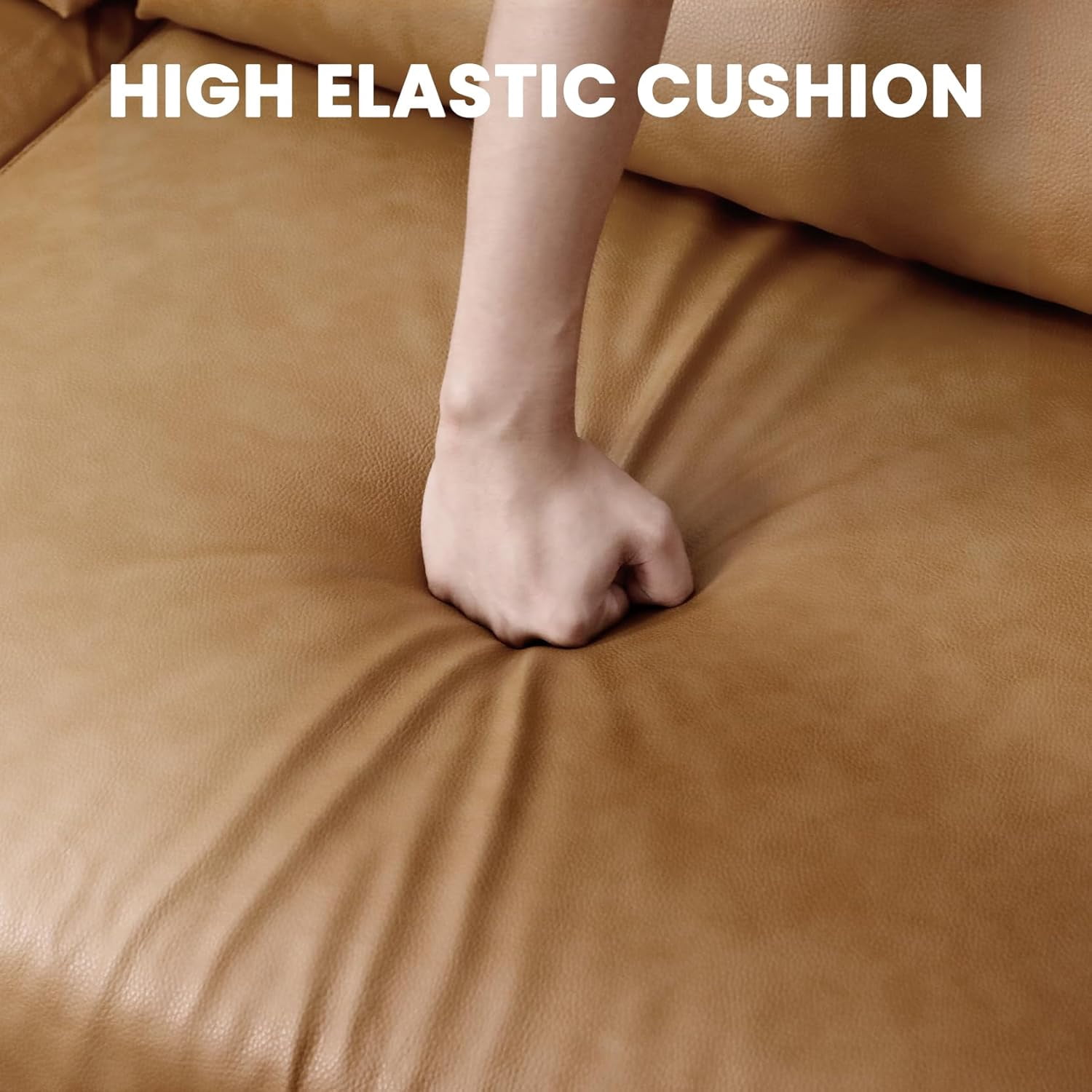 Neche 100" Faux Leather Sofa with Movable Ottoman, Large 2 Seater L Shaped PU Leather Couch with Side Pocket, Comfy Mid Century Modern Modular Sectional Sofa for Living Room, Apartment, Camel