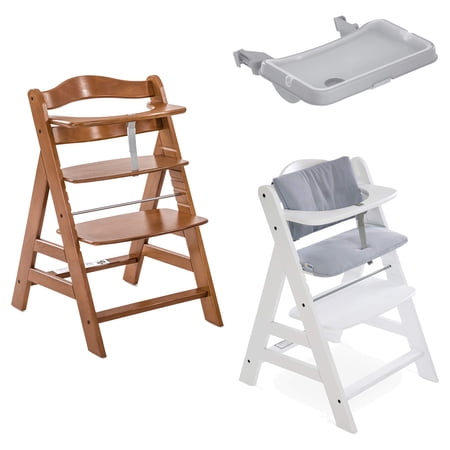 hauck Alpha+ Grow Along Wooden High Chair Seat with Grey Removable Tray Table for Babies 6 Months and Up, Walnut Chair Grey Tray