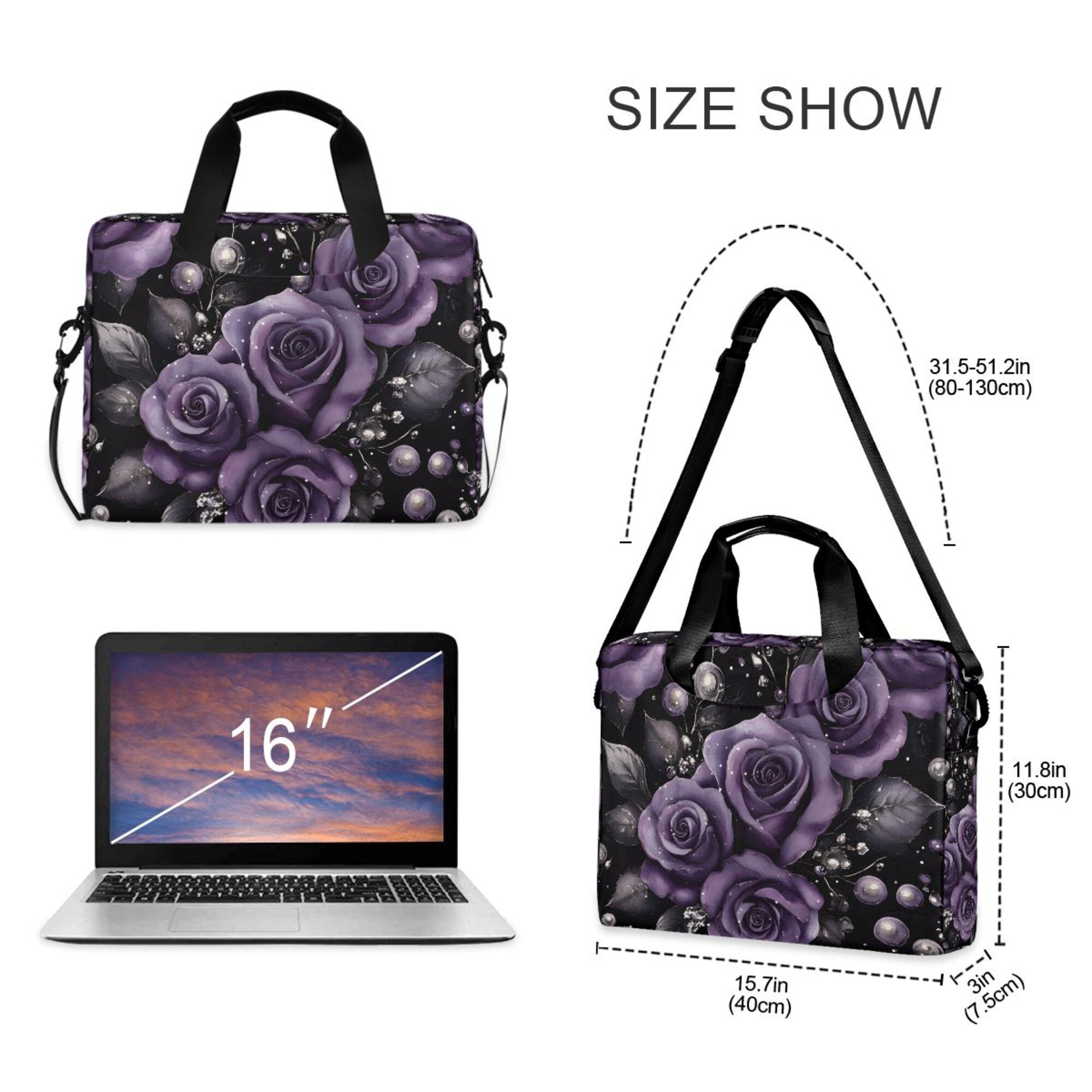 FORMRS 16" Laptop Bag Carrying Sleeve Case with Handle Travel Shoulder Briefcase, Purple Roses
