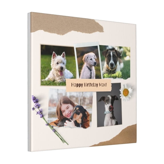 Custom Canvas Prints Beige Tan Cream Puppy Happy Birthday Personalized Photo Image Collage DIY Framed Kit Wall Art Picture Room Decor 18x18 inch