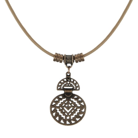 Boho Vintage Style Copper Abstract Pendant with Tan Leather Cord Necklace – 18 inch