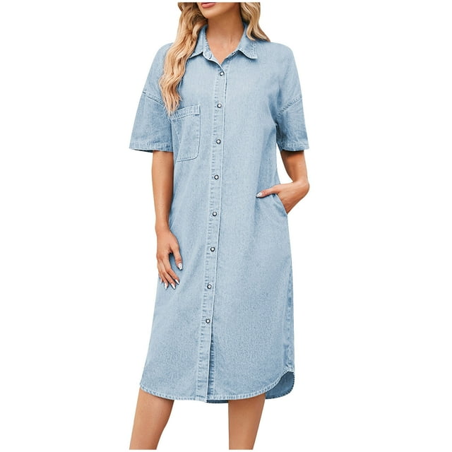 AherBiu Robe Midi en Denim pour Femmes à Manches Courtes, Boutonnée, Col à Revers en V, avec Poches