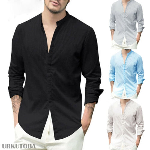 Pudcoco - Men's Summer Long Sleeve Beach Shirts Loose V-neck Linen T ...