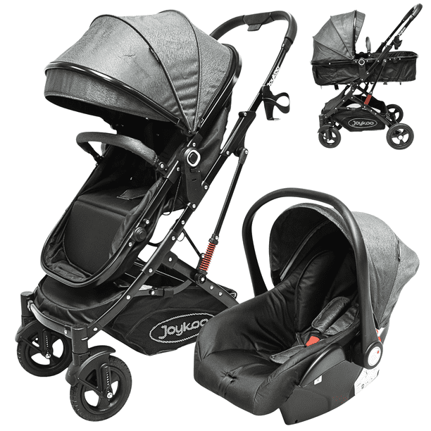 Carriola para Bebé con Portabebé Travel System Reversible Convertible a Bambineto Ruedas de Goma con Freno Plegable Cinturón de 5 Puntos - Gris