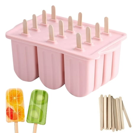 

TureClos 12-Cavity Ice Lolly Mold Silicone Ice Cream Mold with Lids and 50 Wooden Sticks for DIY Popsicle