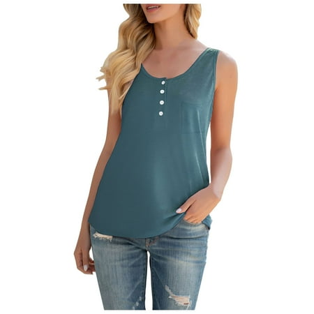 

Fashion Womens Button O-Neck Sleeveless Casual Vest T-shirt Blouse With Pocket Solid Color Corset Tops For Women Green M