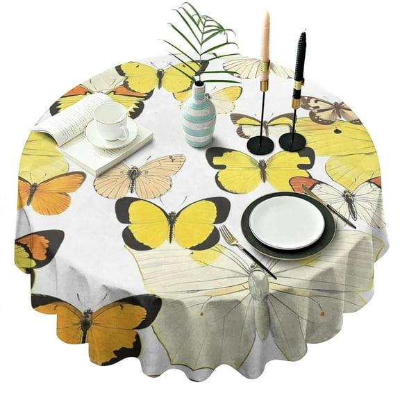 Yellow Butterfly Pattern Round Tablecloth 60"x60",Wrinkle Wipeable Table Cloth for Kitchen Dining Room Picnic Patio Party