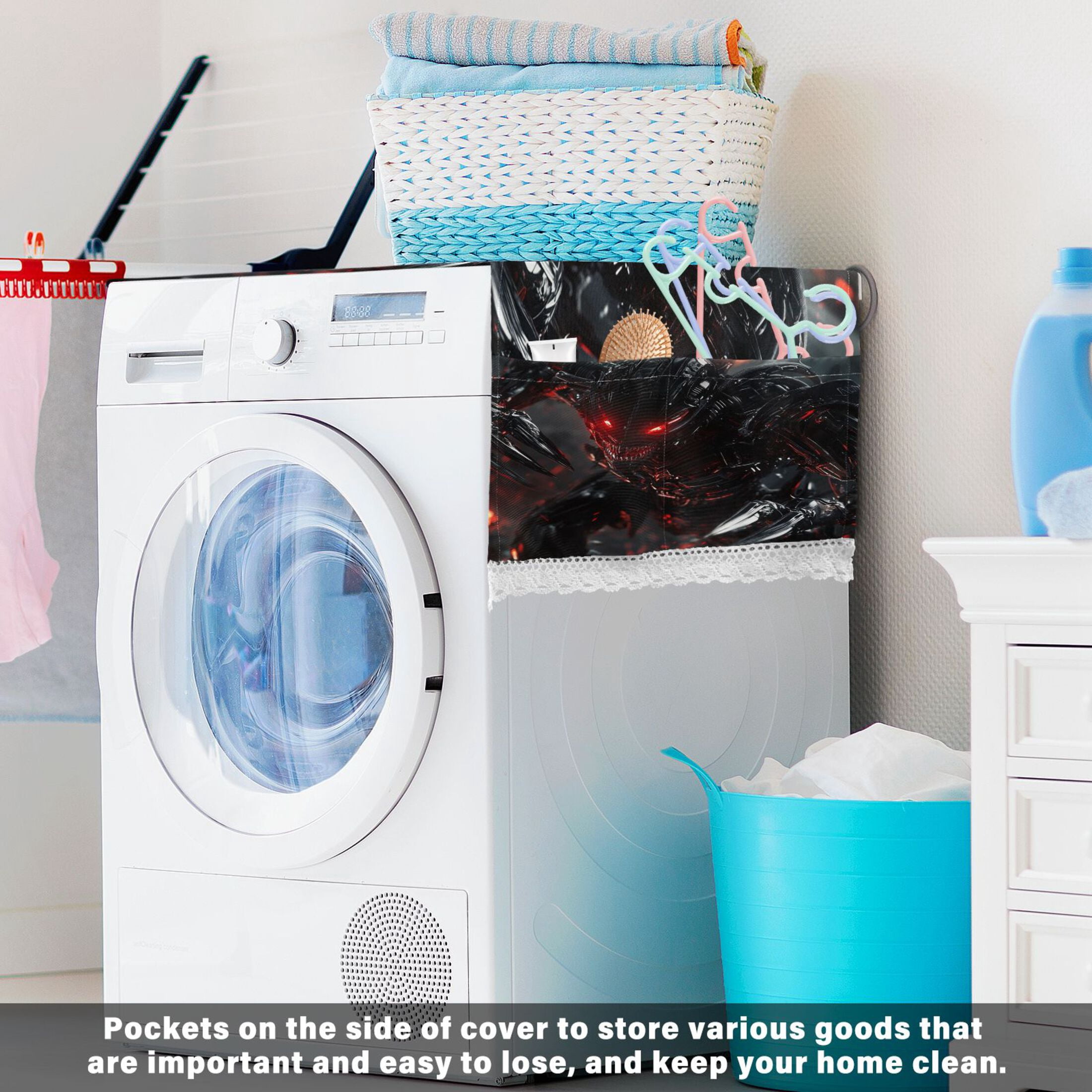 Washing Machine Cover 51.2x22in, Durable Polyester Dust Cover with Lace Trim and Side Pocket for Appliances Red Eyes Robot