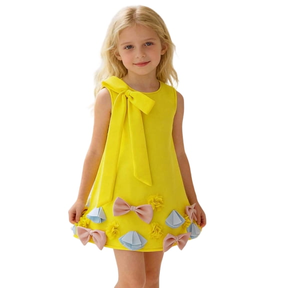 FINALGANG Girls Kids Sleeveless Crewneck Dress Big Bow Decor Bows Flower Embellishment Cute Casual Party Dress For Daily Wear Yellow 3-4 Years
