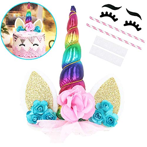 owill unicorn cake topper with eyelashes party cake decoration supplies for birthday party wedding baby shower 5 8 inch green flower multicolour horn walmart com