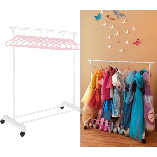 Boottique Child Garment Rack- Kids Closet Organizer- with 10 Children's Velvet Hangers (Rack with 10 Pink Velvet Hangers)