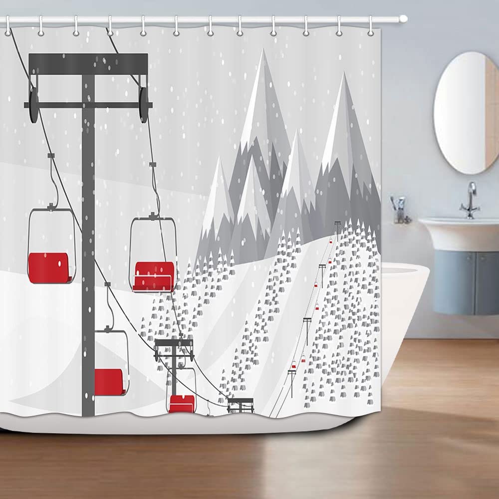 Ski Hills Winter Fabric Shower Curtain Ski Resort Alps Fir Trees
