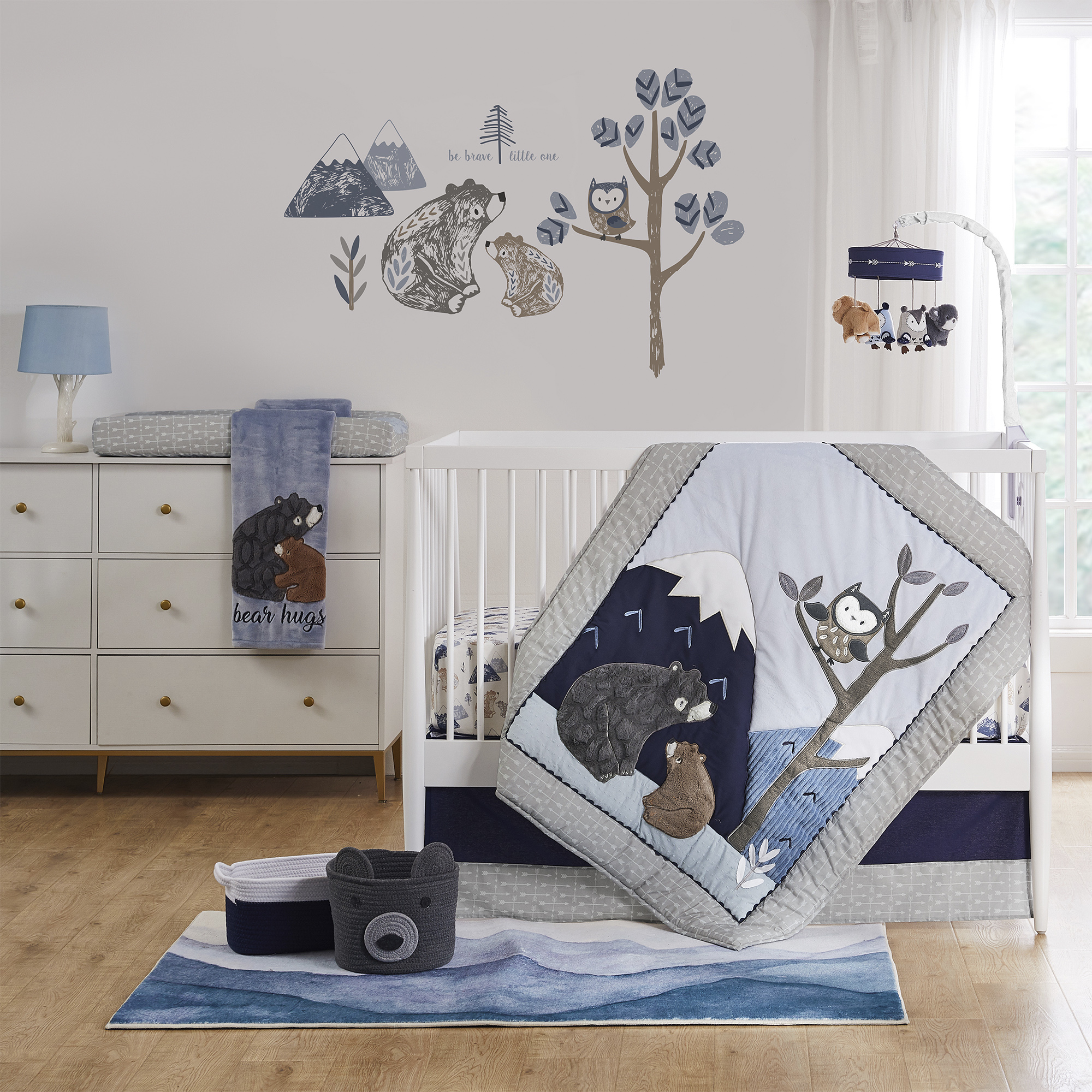 Levtex Baby - Rowan Musical Rotating Baby Crib Mobile - Plush Bears and Owls - Grey, Blue, Navy, Tauper, White - Nursery Accessories