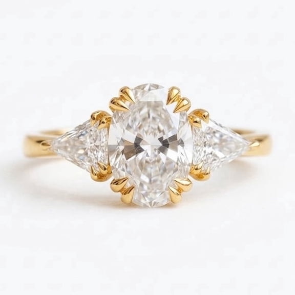 Oval Cut & Triangle Shape Diamond Engagement Ring, April Birthstone Ring, Anniversary Ring for Her, Triloy Ring, Party Wear Ring, Handmade Jewelry