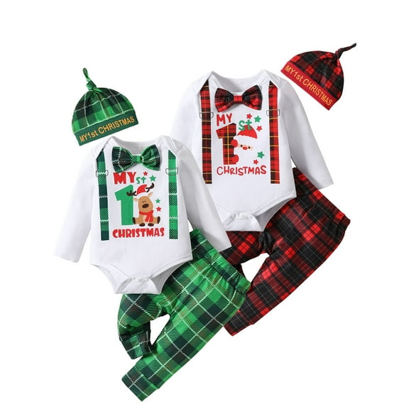 Newborn Baby Boys First Christmas Outfit Infant Santa Gentleman Bodysuit Plaid Pants Hat Set, Red