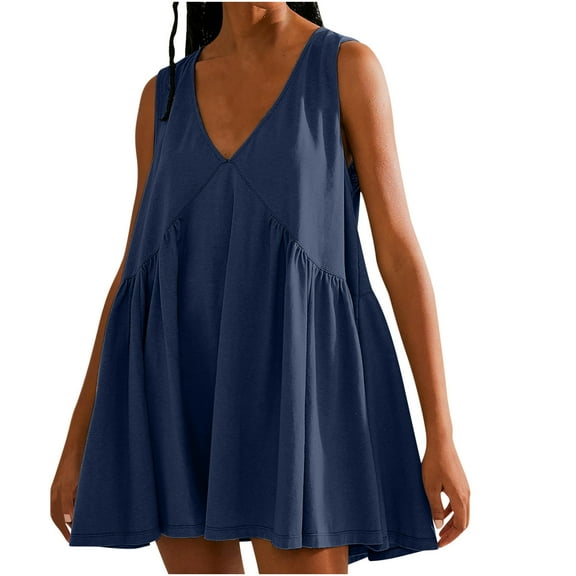 Womens Summer Dress V Neck Solid Sleeveless Ruffle Hem Flowing Short Dress