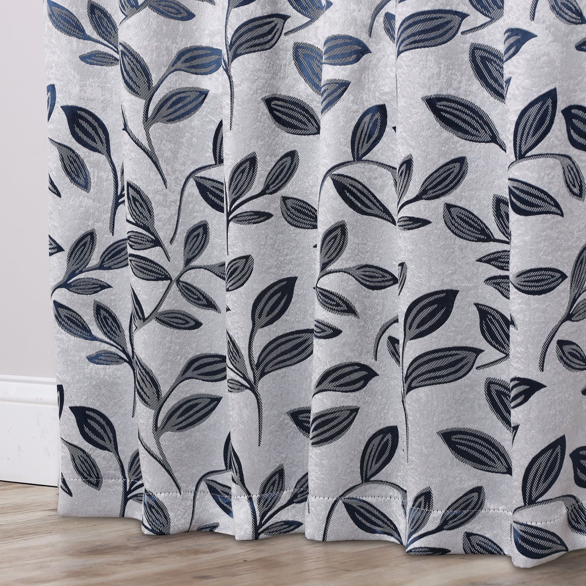 Superior Blackout Leaves Back Tab Curtains Set of 2, Light Filtering Curtain Panel Set, White-Navy Blue, 52"W x 84"L