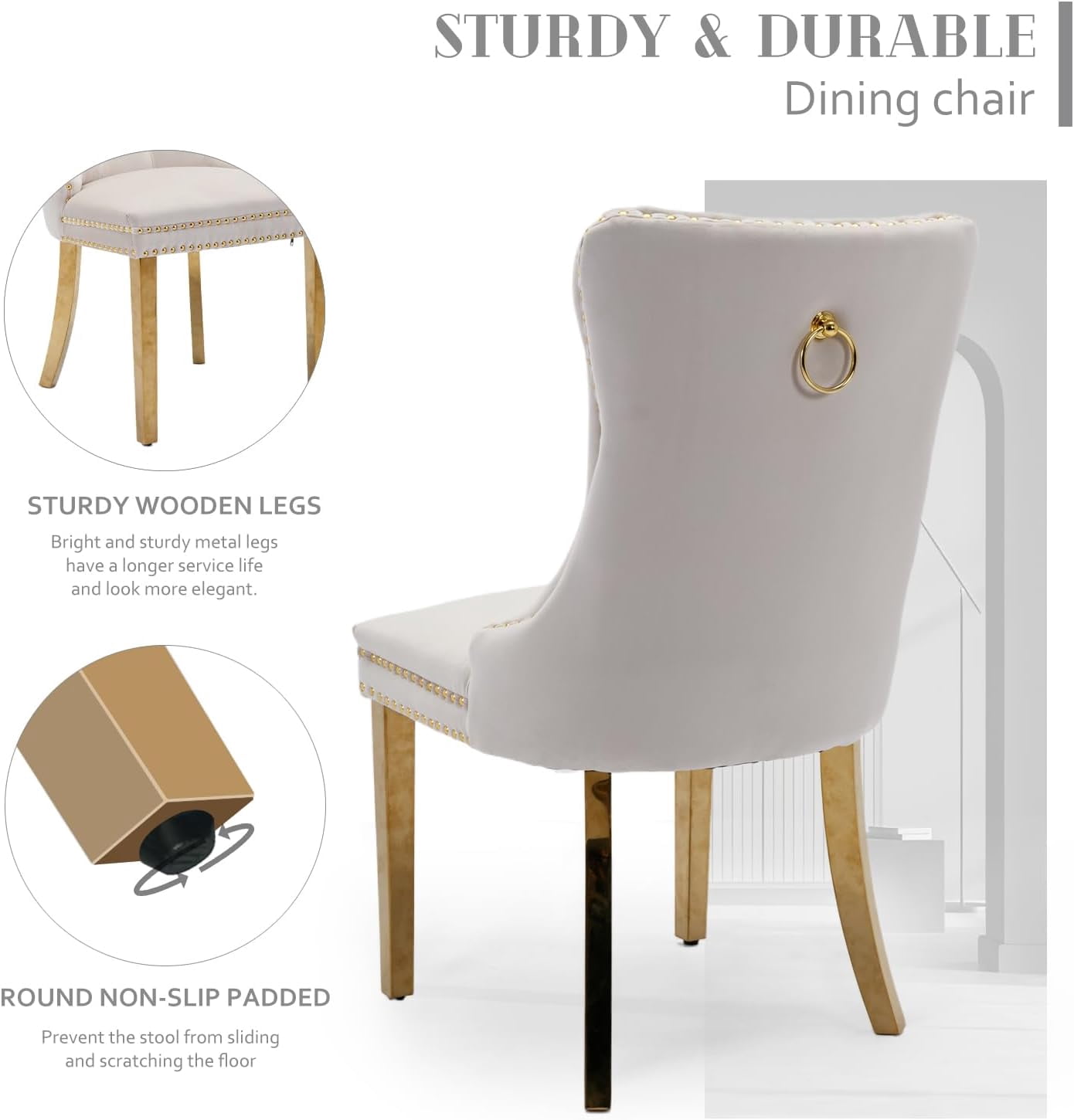 JESTOP Velvet Dining Chair Set of 4, Upholstered Tufted Dining Room Chair with Nailhead Trim, Solid Gold Plated Leg for Kitchen (Beige)