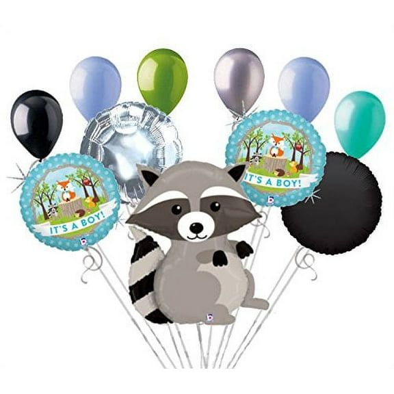 11 pc Woodland Raccoon It's a Baby Boy Animals Balloon Bouquet Party Decoration
