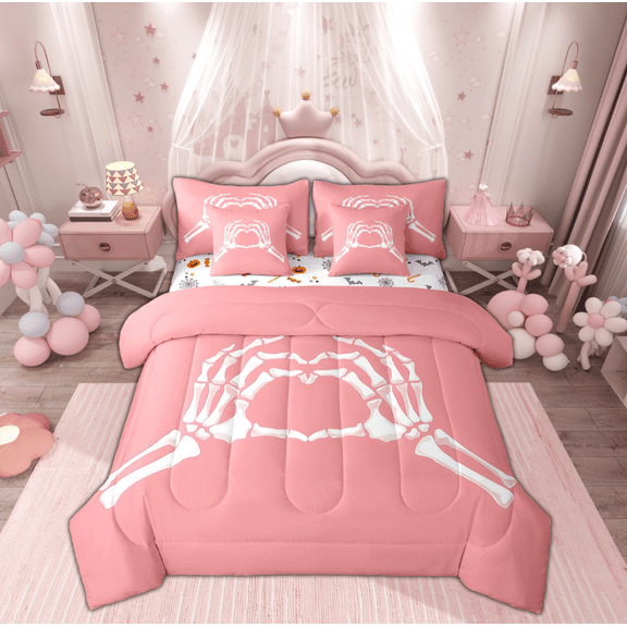Manfei Skeleton Hand Teens Twin Bedding Sets 7-Piece, Romantic Love Heart Bedding Comforter Set, Sugar Gothic Halloween Reversible Sheet Sets, Luxury Bedroom Decor