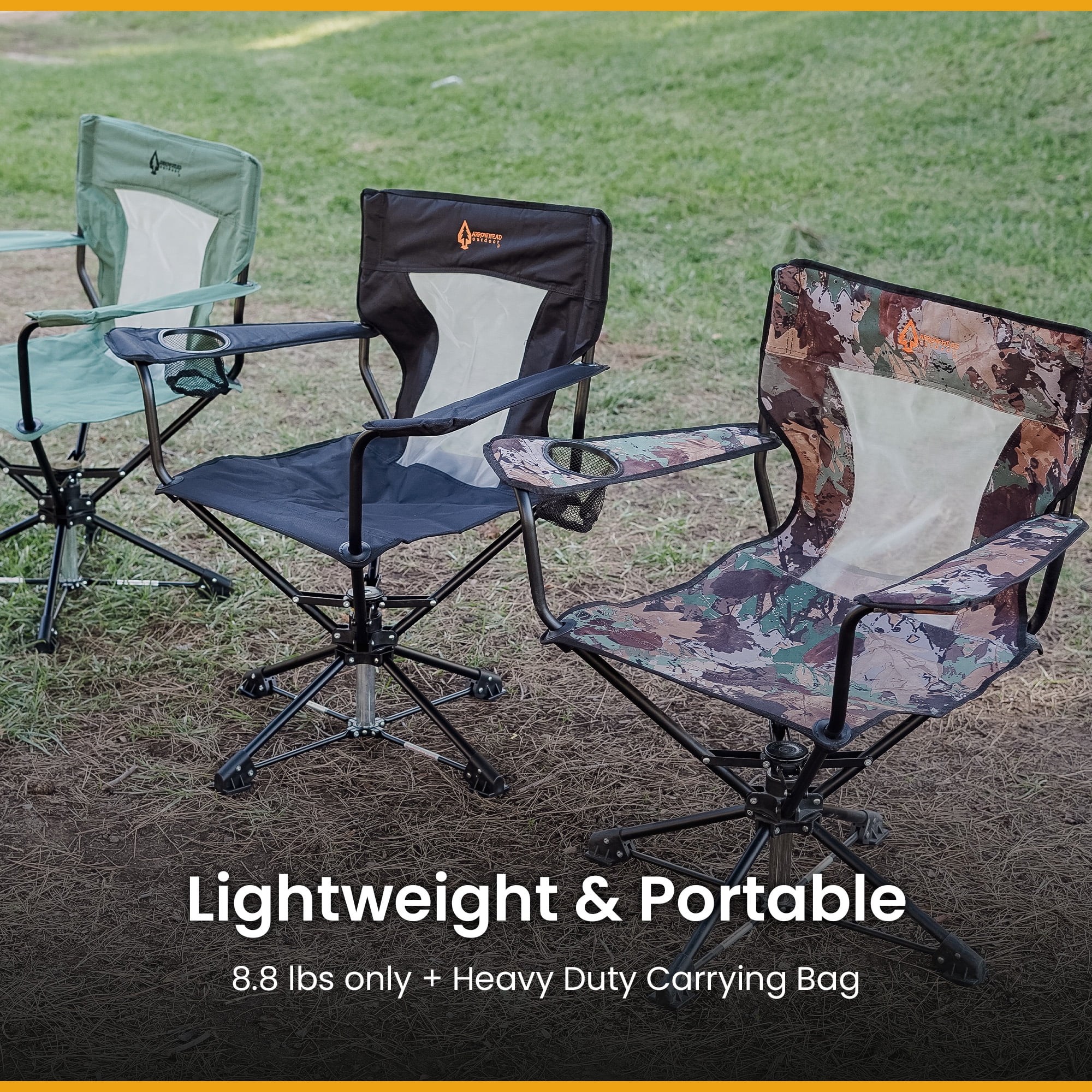 ARROWHEAD OUTDOOR 360° Degree Swivel Hunting Chair w/ Armrests, Perfect for Blinds, No Sink Feet, Supports up to 450lbs, Carrying Case, Steel Frame, Fishing, High-Grade 600D Canvas, USA-Based Support