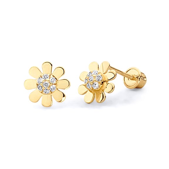 Wellingsale 14K Yellow Gold Polished Sun Flower Stud Earrings With Screw Back