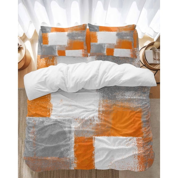 Orange Grey Abstract Art Bedding Duvet Cover Set California King Size 4 Pieces White Graffiti Retro Gradient Bedding Set with Zipper, 1 Comforter Cover 96x104 Inches 1 Flat Sheet & 2 Pillow Cases