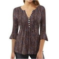 thumbnail image 2 of OKBOP Brown Ladies Tops Clearance Under $10 3/4 Sleeve Button Floral V-Neck T-Shirts Womens Shirts Under $5, 2 of 5