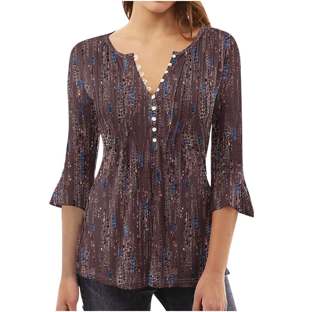 Blouses pour Femmes, T-Shirt Imprimé Manches 3/4 Blouse Col en V Décontractée