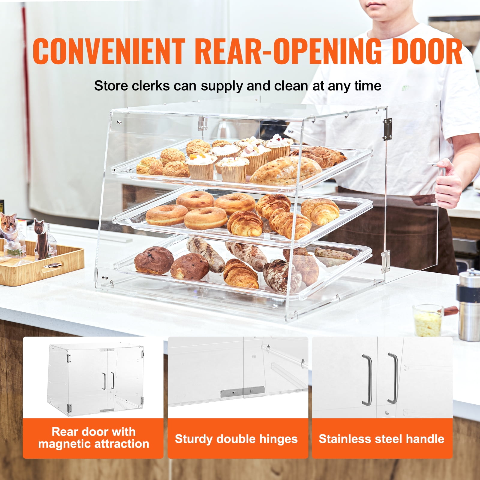 BENTISM 3-Tier Acrylic Bakery Display Case Countertop Donut Pastry Case Rear Door