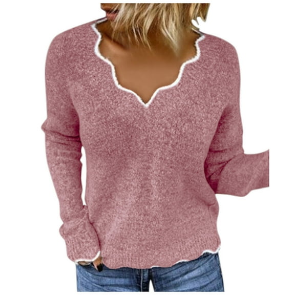 GigrtiJin Womens Scalloped V Neck Sweater Long Sleeve Knitted Fuzzy Fleece Chunky Loose Pullover Sweaters Tops