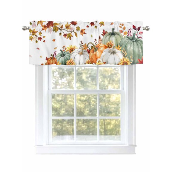 Thanksgiving Valances for Windows Green Orange Pumpkin Fall Leaves Sunflower Rod Pocket Curtains Valance Short Window Treatment Drapes for Living Room, Bedroom Bathroom 54" W x 18" L