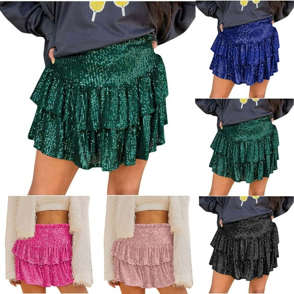 Hot days, bold styles SMihono Women's Mini Skirts with Shorts Cute High Waist Sequin Ruffle Flowy Glitter Short Skirts Night Out Club Party Black XXXL