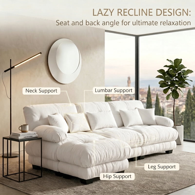 ANPPORT Cloud Couch Sleeper Sofa, Chenille White 3-Seater Modular Sofa with 1 Ottomans, 3 Lumbar pillows, 2 Pillows, Comfy Deep Seat Cloud Sofa, Convertible L-Shaped Floor Couch for Living Room