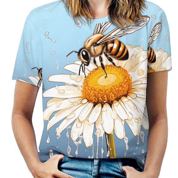 Bee And Flowers T Shirts Basic T-Shirt Short Sleeve Ladies Tee Shirt Summer Graphic Clothing