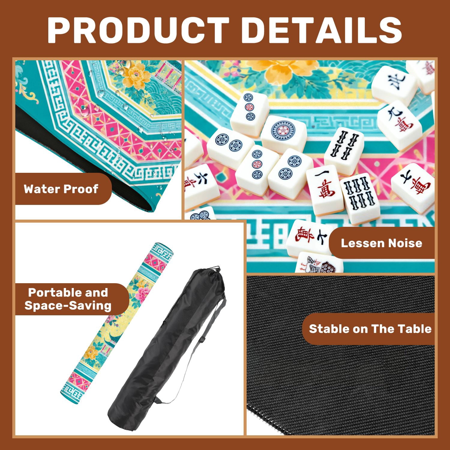 Mahjong Mat 31.5" x 31.5" Geometric Floral Mandala Lotus Flowers Pavilion Motifs Pink Turquoise Non-Slip Noise Reduction Chic Portable Gaming Table Cover for Family Game Night & Gift