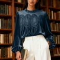 thumbnail image 2 of Womens Dressy Lace Tops Velvet Embroidered Pleated Blouses Crop Babydoll Shirt Long Sleeve Fall Clothes (M, Blue), 2 of 6