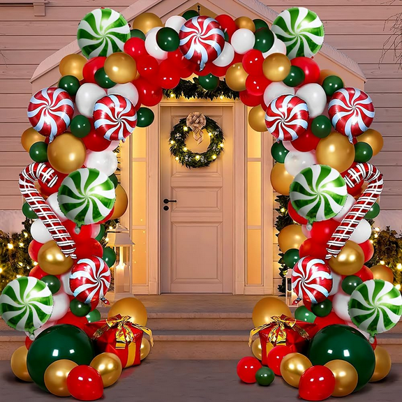 126-Piece Christmas Themed Balloon Arch Set | Red Green Lollipop Candy Canes Balloon Wreath Arch Decorations